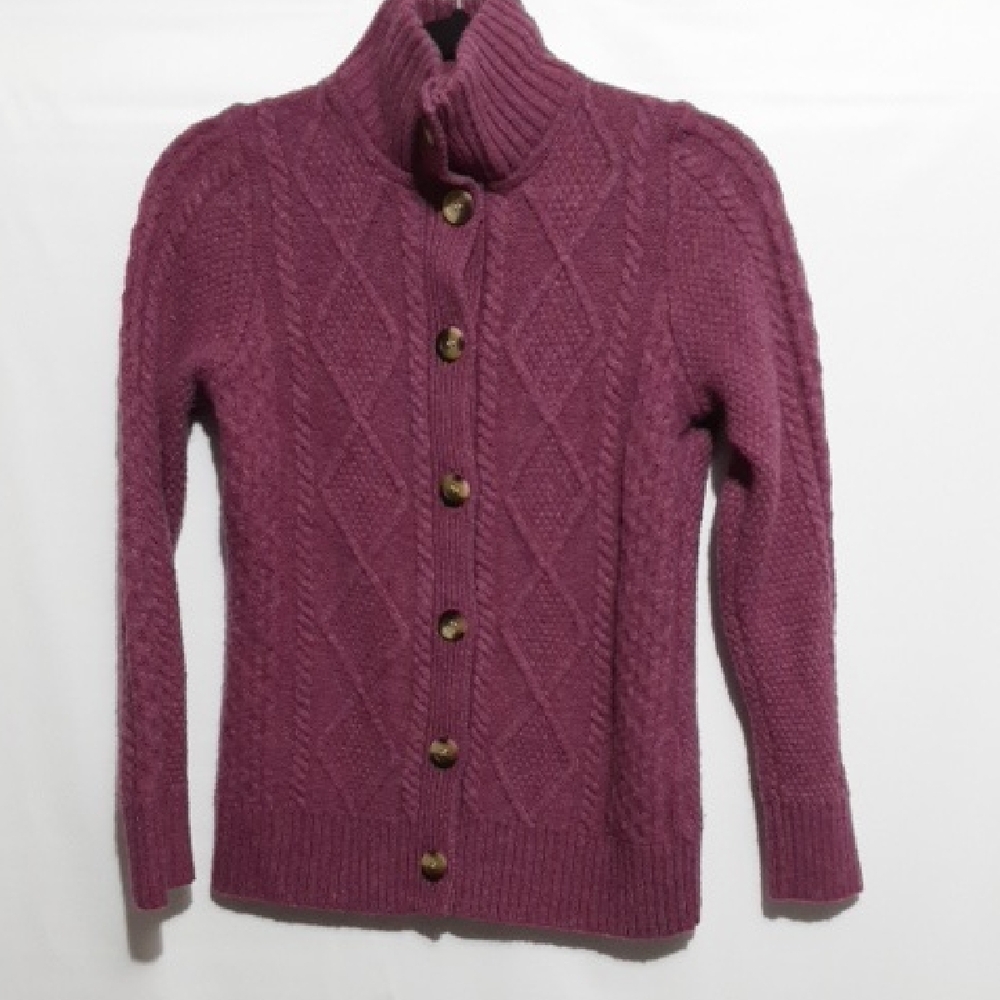 L. L. BEAN Women's M Cable Knit Merino Wool Blend Sweater Cardigan- Purple